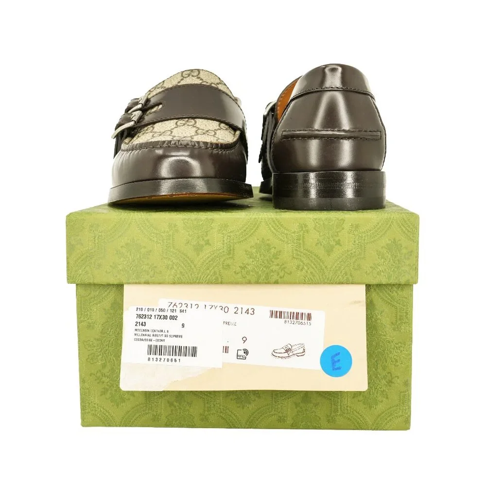 Gucci Men's GG Supreme and Leather Double Buckle Loafers - Picture 6 of 9